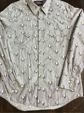Rock & Roll Cowboy Western Steer Skull Pearl Snap Long Sleeve, Sz L